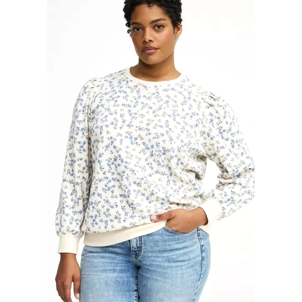 NWT Torrid Cozy Cottagecore Fleece Floral White Sweatshirt w/Pleated Shoulder-2X
